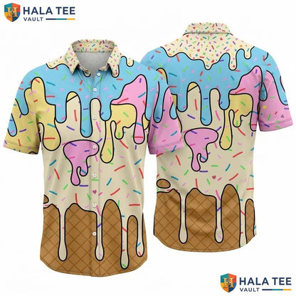Playful Ice Cream Hawaiian Shirt Neon Dinosaur Print For Boys Summer Fun Top