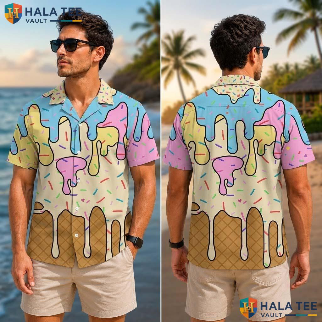Playful Ice Cream Tropical Shirt Neon Dinosaur Print For Boys Summer Fun Top