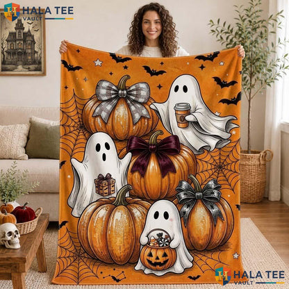 Playful Kids Halloween Blanket Custom Name Spooky Ghost Family Fleece