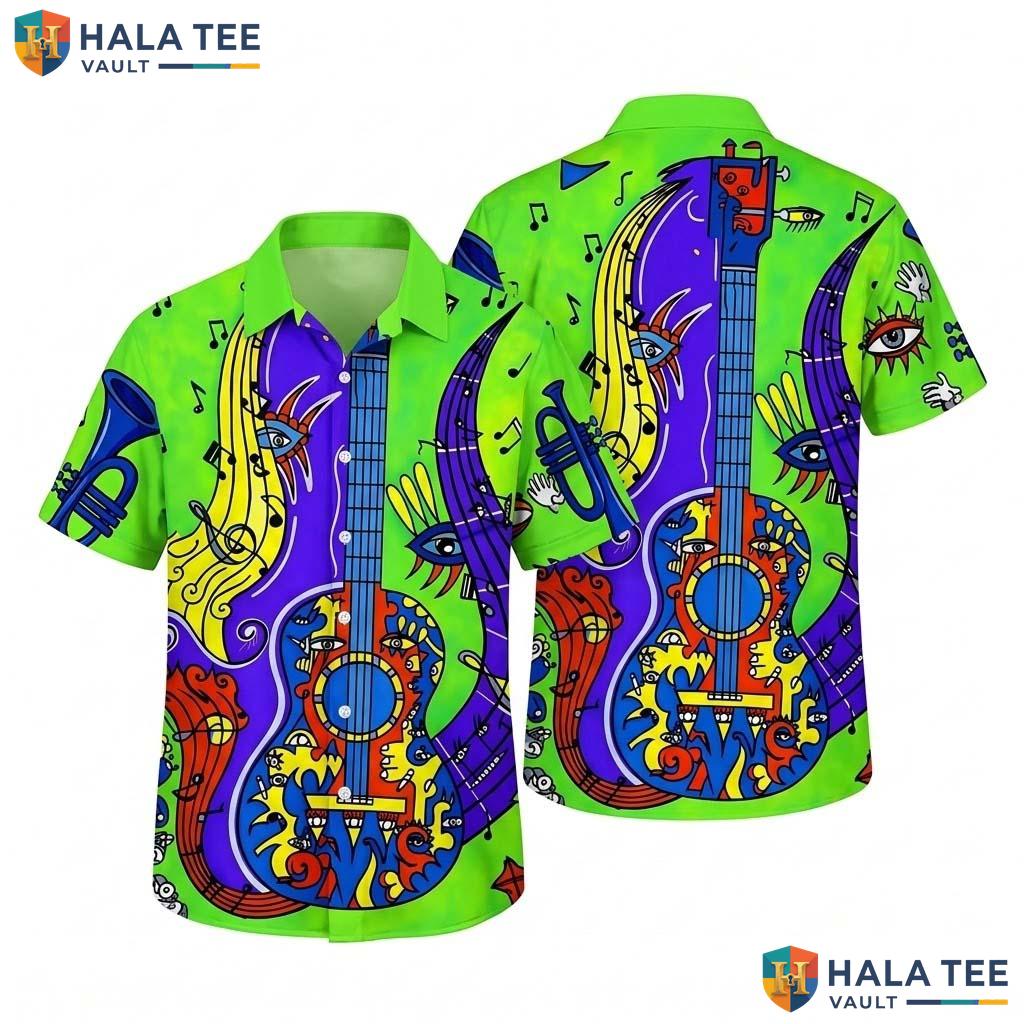 Playful Musical Fan Hawaiian Shirt Vibrant Guitar Notes Casual Button Down