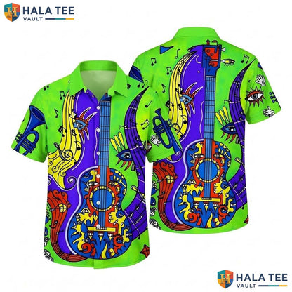 Playful Musical Fan Hawaiian Shirt Vibrant Guitar Notes Casual Button Down