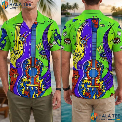 Playful Musical Fan Tropical Shirt Vibrant Guitar Notes Casual Button Down