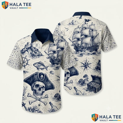 Playful Nautical Pirate Hawaiian Shirt Blue Short Sleeve Top For Boys
