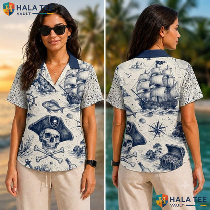 Playful Nautical Pirate Hawaiian Shirt Blue Short Sleeve Top For Boys Adult