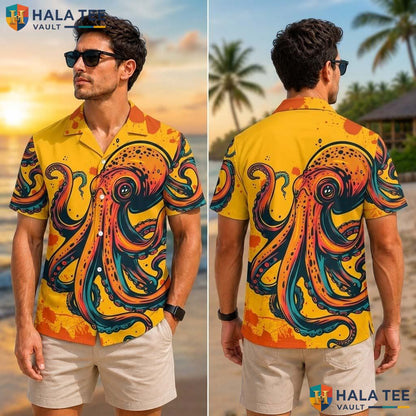 Playful Octopus Tropical Shirt Funny Graphic Mens Casual Button Up Top