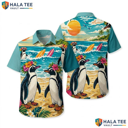 Playful Penguin Hawaiian Shirt Vibrant Beach Tropical Element Summer Top
