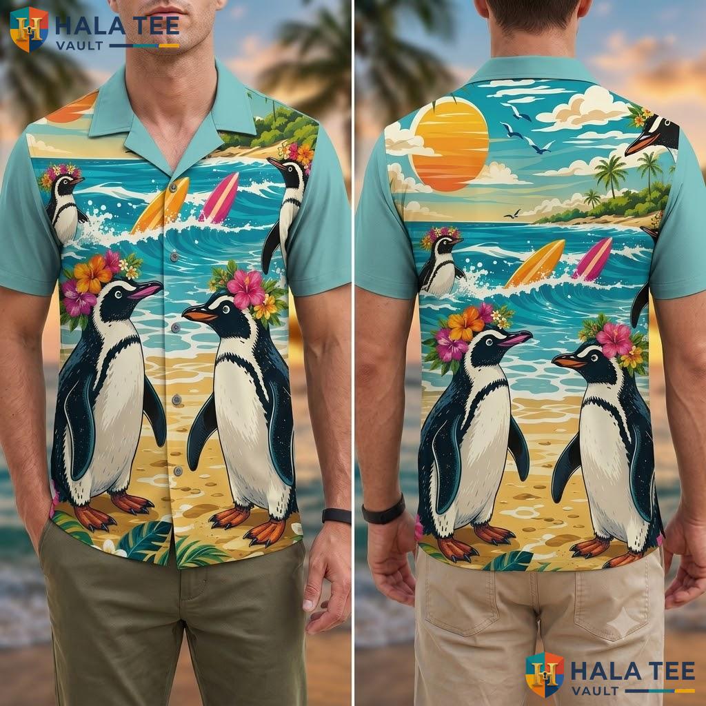 Playful Penguin Hawaiian Shirt Vibrant Beach Tropical Element Summer Top Adult