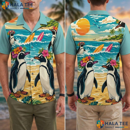 Playful Penguin Hawaiian Shirt Vibrant Beach Tropical Element Summer Top Adult