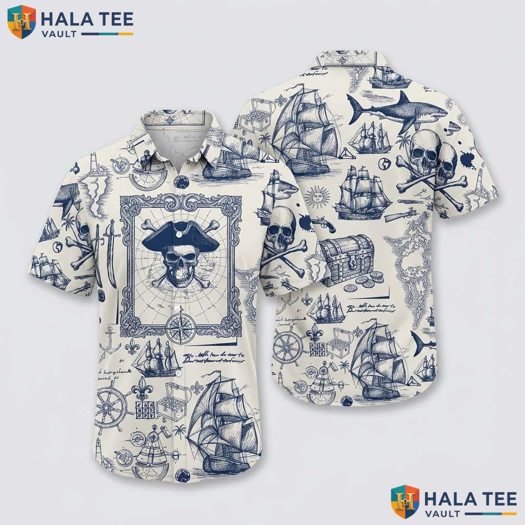 Playful Pirate Nautical Hawaiian Shirt Navy Blue Cream Pirate Graphic Top