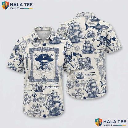 Playful Pirate Nautical Hawaiian Shirt Navy Blue Cream Pirate Graphic Top