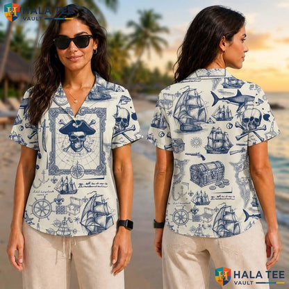 Playful Pirate Nautical Tropical Shirt Navy Blue Cream Pirate Graphic Top