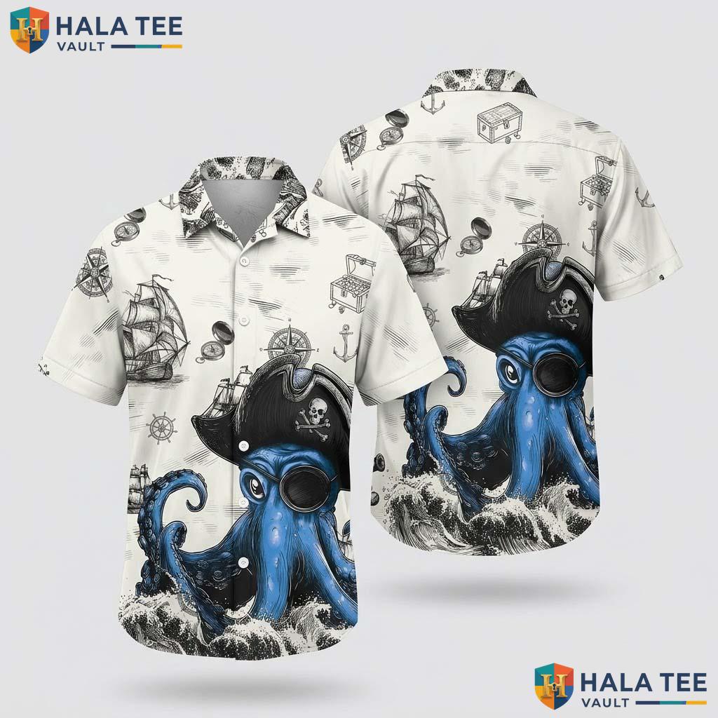Playful Pirate Octopus Hawaiian Shirt Blue Cartoon Octopus Nautical Button Up