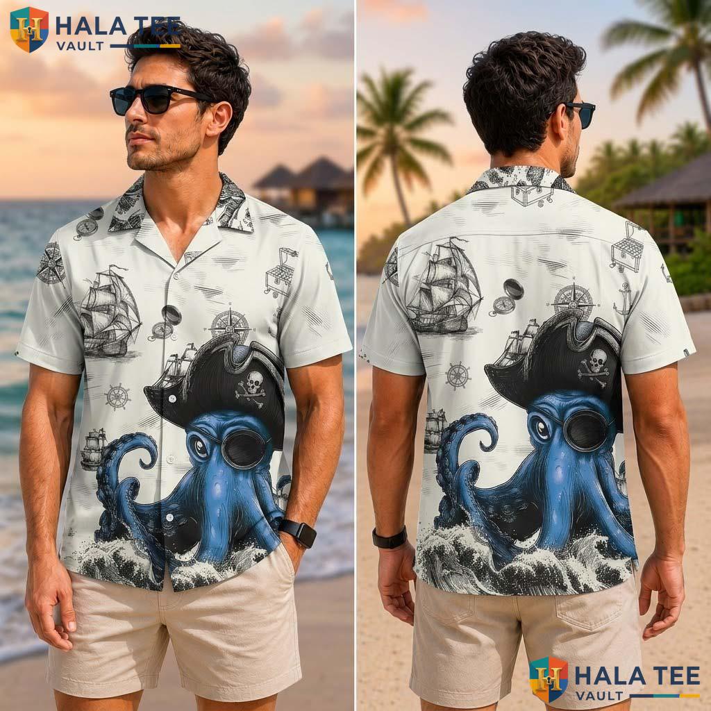 Playful Pirate Octopus Tropical Shirt Blue Cartoon Octopus Nautical Button Up