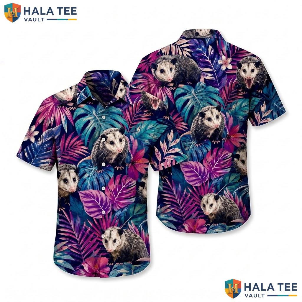 Playful Possum Tropical Hawaiian Shirt Short Sleeve Button Down Summer Top