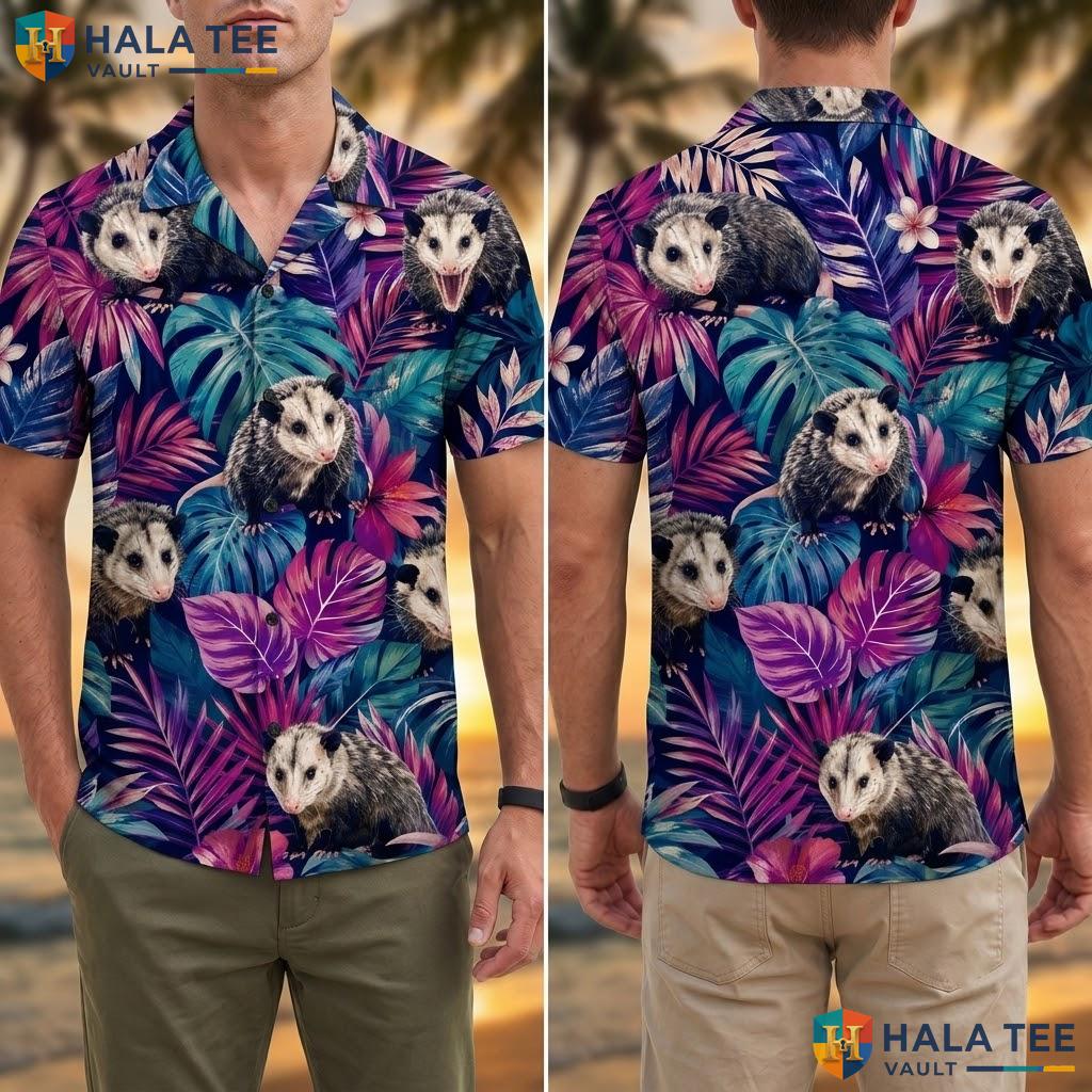 Playful Possum Tropical Hawaiian Shirt Short Sleeve Button Down Summer Top Adult