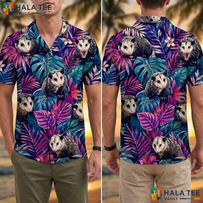 Playful Possum Tropical Hawaiian Shirt Short Sleeve Button Down Summer Top Adult