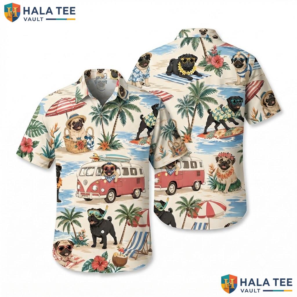 Playful Pug Tropical Hawaiian Shirt Vibrant Summer Pug Palm Button Down