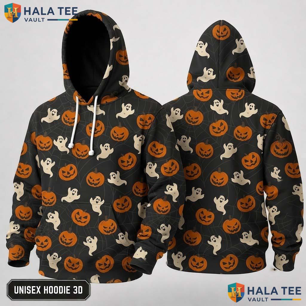 Playful Pumpkin Ghost 3D Hoodie Cute Graphic Halloween Apparel For Men