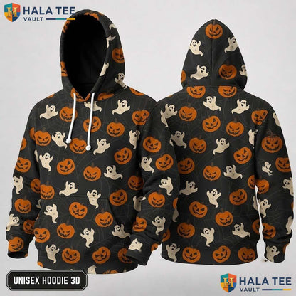 Playful Pumpkin Ghost 3D Hoodie Cute Graphic Halloween Apparel For Men