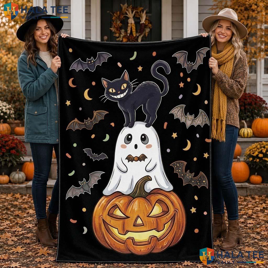Playful Pumpkin Halloween Blanket Cheerful Cat Bat Spooky Throw Decor