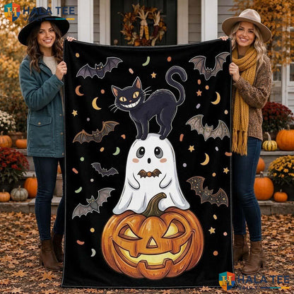 Playful Pumpkin Halloween Blanket Cheerful Cat Bat Spooky Throw Decor