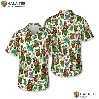 Playful Raccoon Tropical Hawaiian Shirt Funny Cartoon Mens Button Down Top