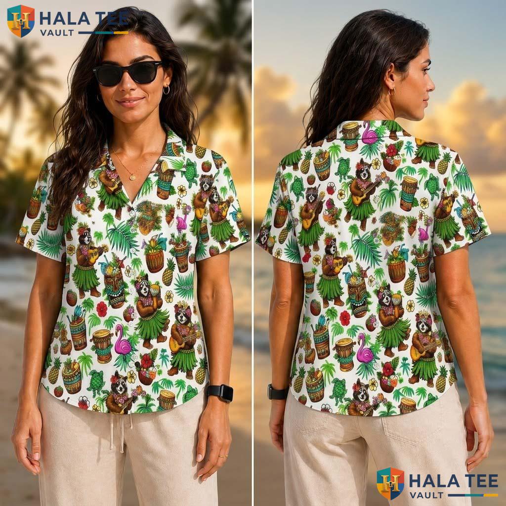 Playful Raccoon Tropical Tropical Shirt Funny Cartoon Mens Button Down Top
