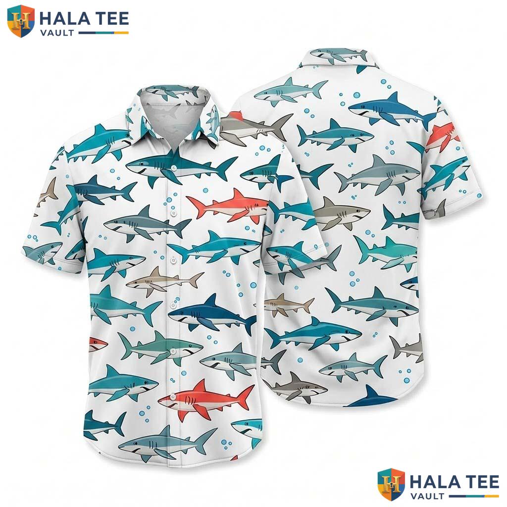 Playful Shark Graphic Hawaiian Shirt Boys Colorful Summer Beach Button Down