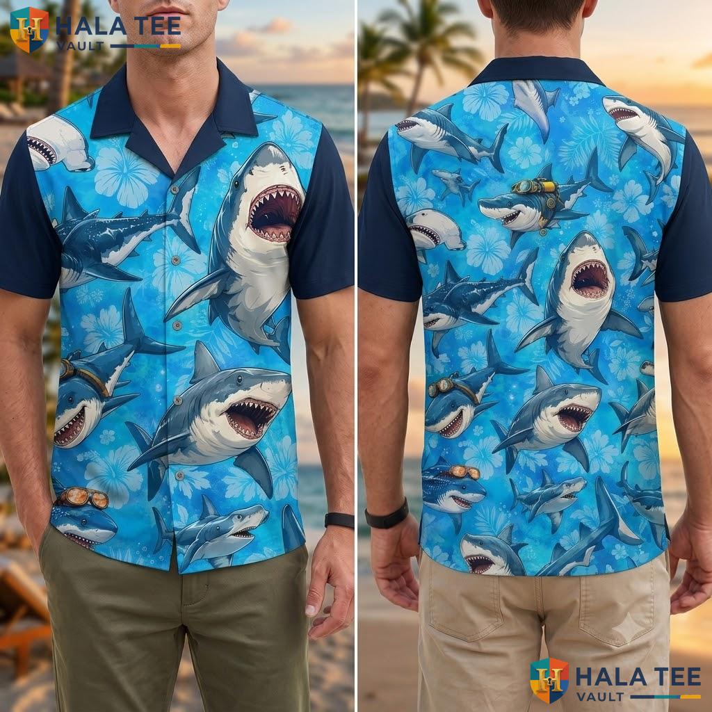 Playful Shark Hawaiian Shirt Vibrant Ocean Themed Summer Beachwear Top
