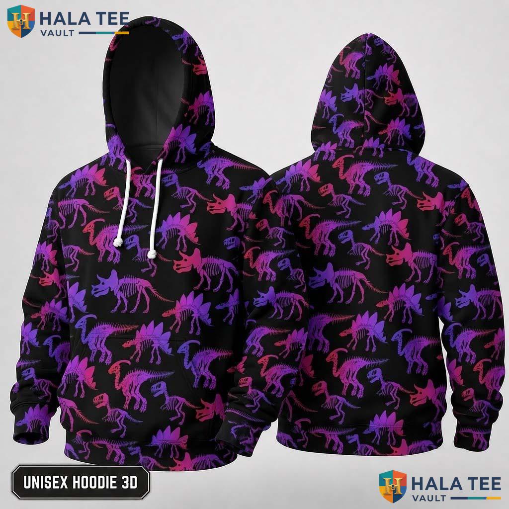Playful Skeleton Dinosaur 3D Hoodie Vibrant All Over Print Streetwear
