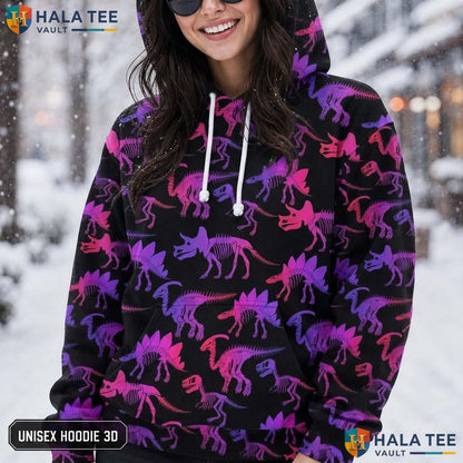 Playful Skeleton Dinosaur 3D Printed Hoodie Vibrant All Over Print Streetwear