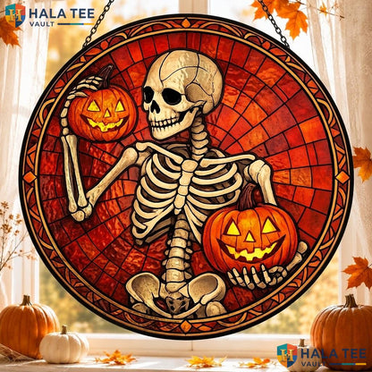 Playful Skeleton Stained Glass Suncatcher, Halloween Pumpkin Decor For Indoor Garden