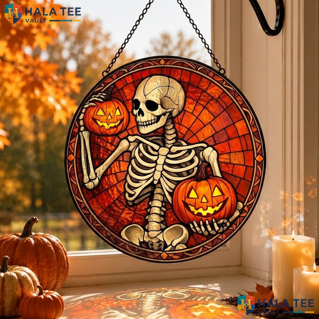 Playful Skeleton Stained Glass Suncatcher, Halloween Pumpkin Decor For Indoor Garden Adult