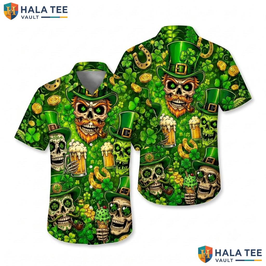 Playful Skull Leprechaun Hawaiian Shirt St Patricks Day Festive Apparel