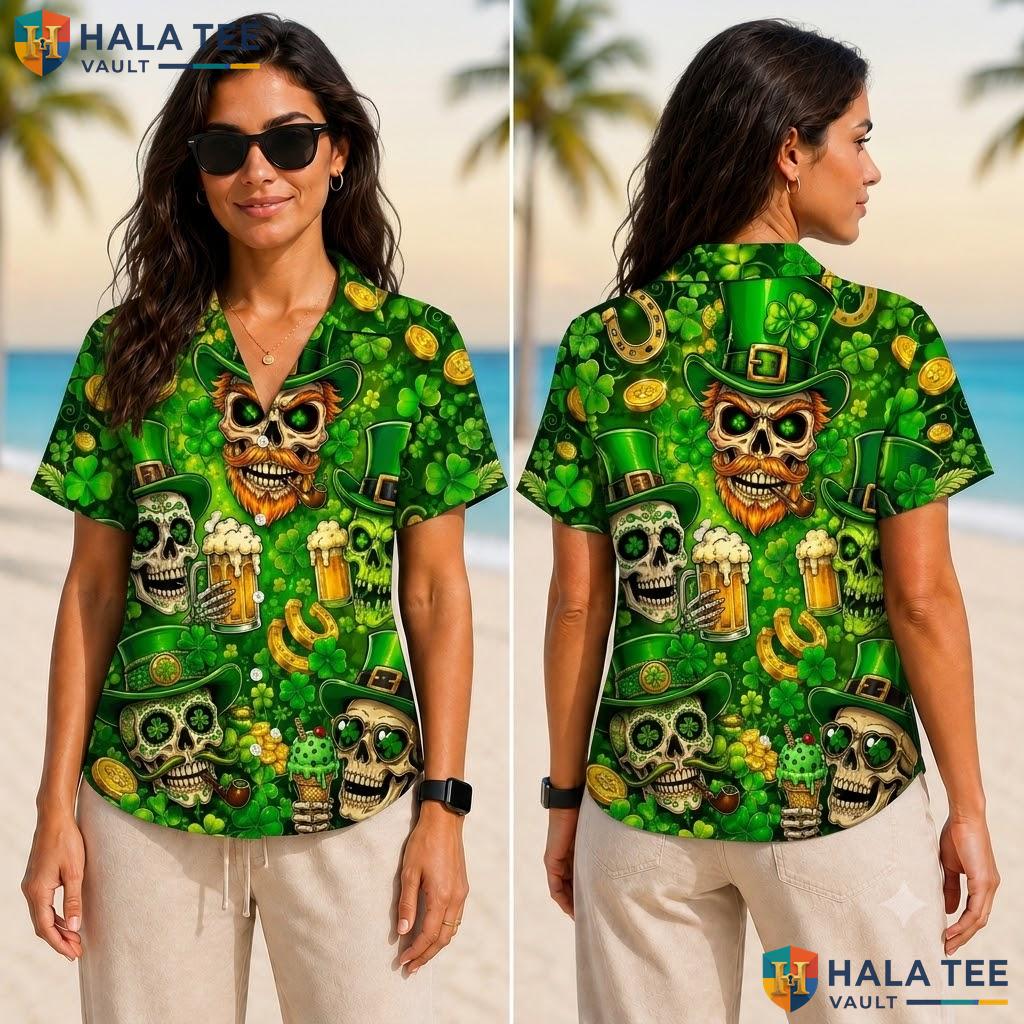 Playful Skull Leprechaun Hawaiian Shirt St Patricks Day Festive Apparel Adult