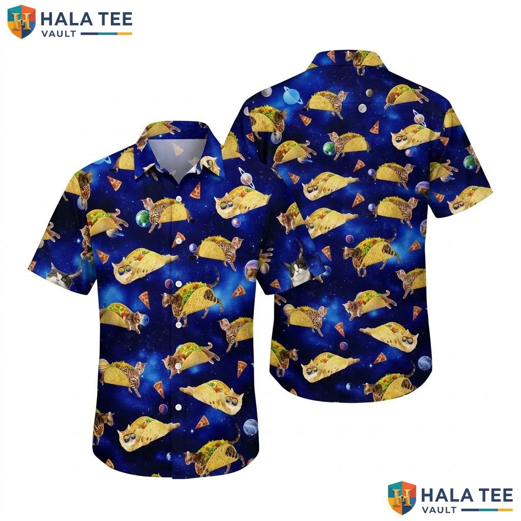 Playful Taco Cat Hawaiian Shirt Quirky Cartoon Design Cosmic Element Top