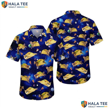 Playful Taco Cat Hawaiian Shirt Quirky Cartoon Design Cosmic Element Top