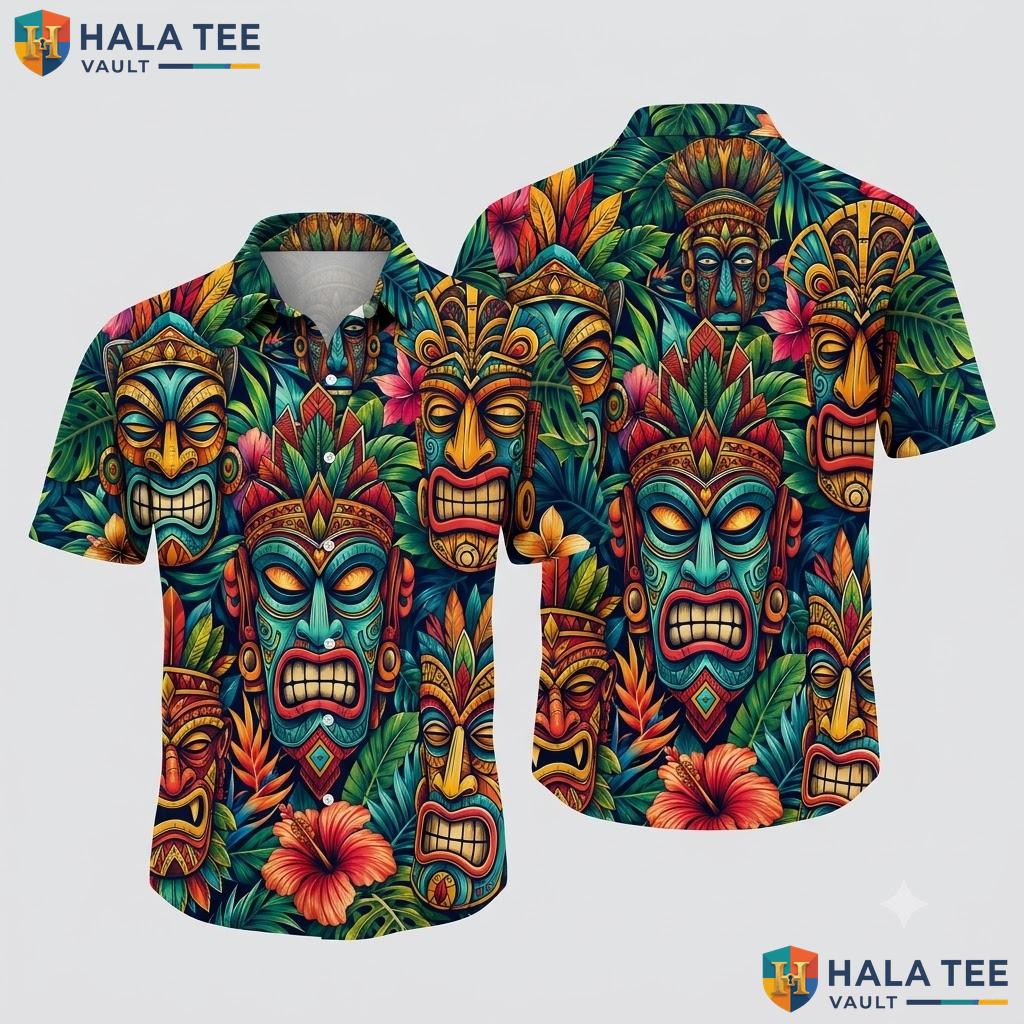 Playful Tiki Mask Hawaiian Shirt Vibrant Tropical Summer Casual Apparel