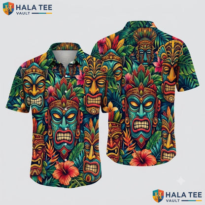 Playful Tiki Mask Hawaiian Shirt Vibrant Tropical Summer Casual Apparel