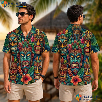 Playful Tiki Mask Hawaiian Shirt Vibrant Tropical Summer Casual Apparel Adult