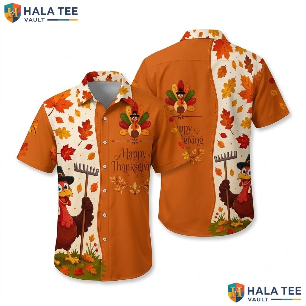 Playful Turkey Thanksgiving Hawaiian Shirt Autumn Leaf Casual Summer Top