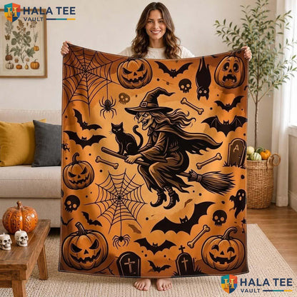 Playful Witch Cat Halloween Throw Whimsical Fleece Party Decor 50x