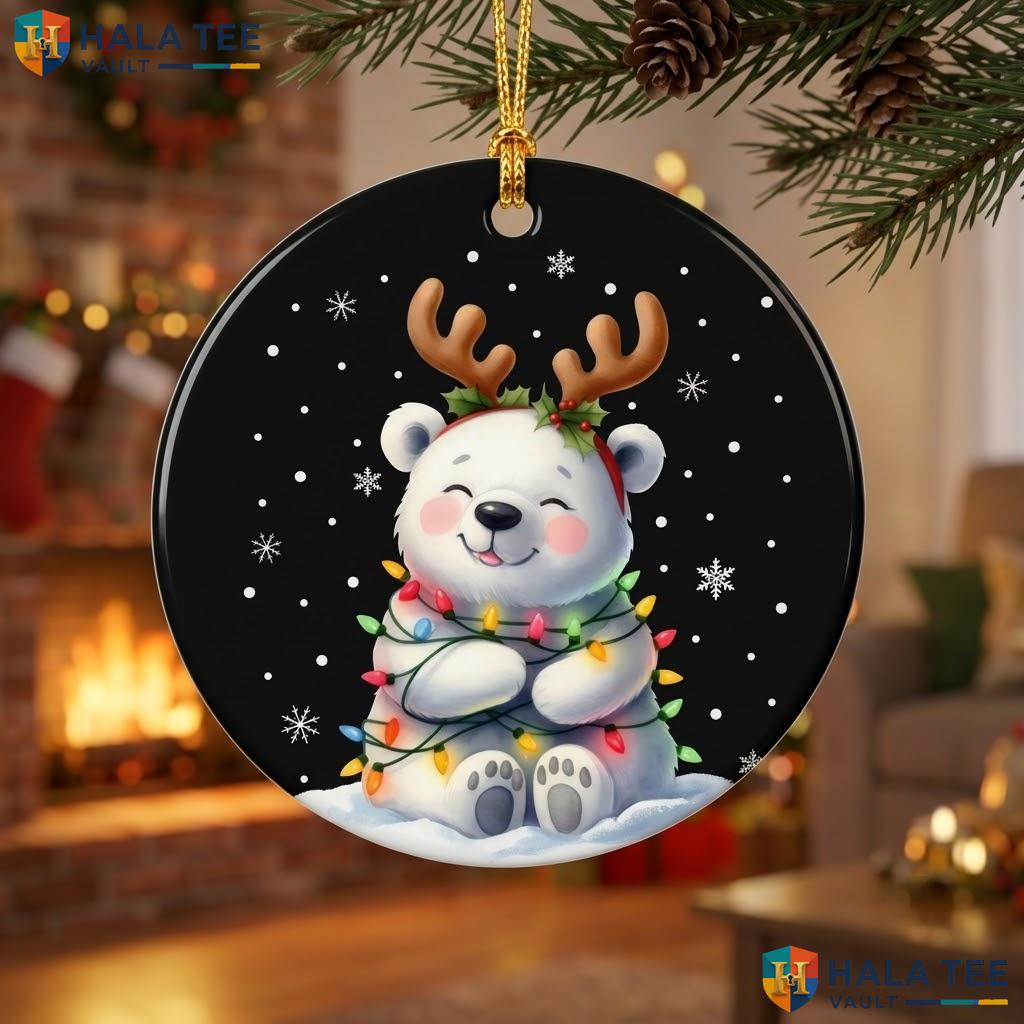 Polar Bear Lights Christmas Ornament Reindeer Antlers Funny Holiday