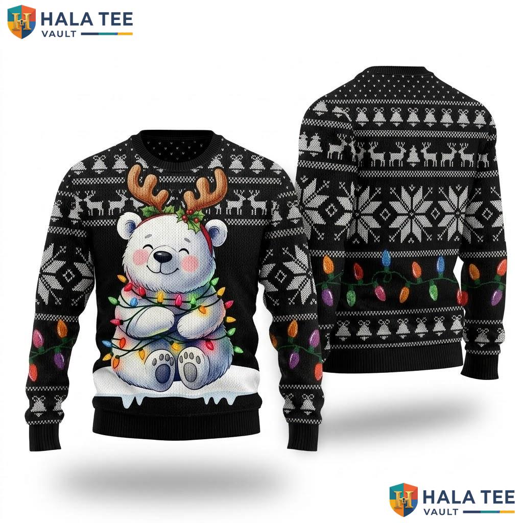 Polar Bear Lights Reindeer Christmas Sweater Funny Antlers Apparel