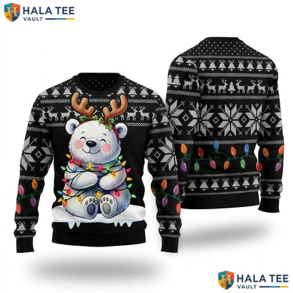 Polar Bear Lights Reindeer Christmas Sweater Funny Antlers Apparel