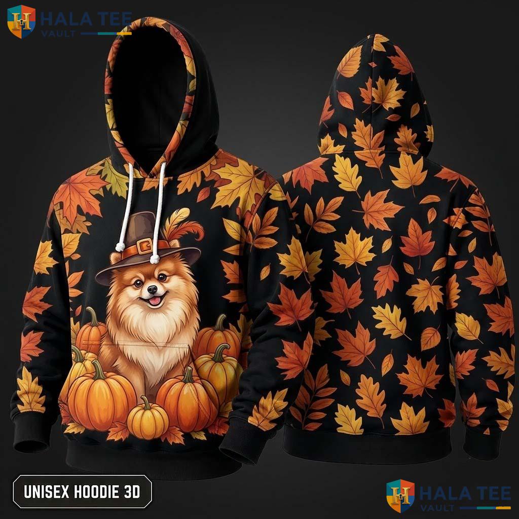 Pomeranian Pumpkins Autumn Thanksgiving 3D Hoodie Playful Dog Apparel