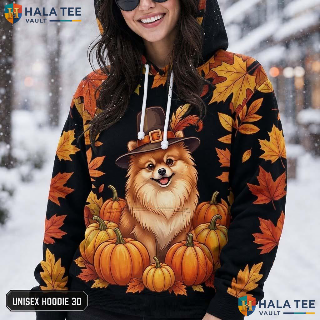 Pomeranian Pumpkins Autumn Thanksgiving 3D Printed Hoodie Playful Dog Apparel