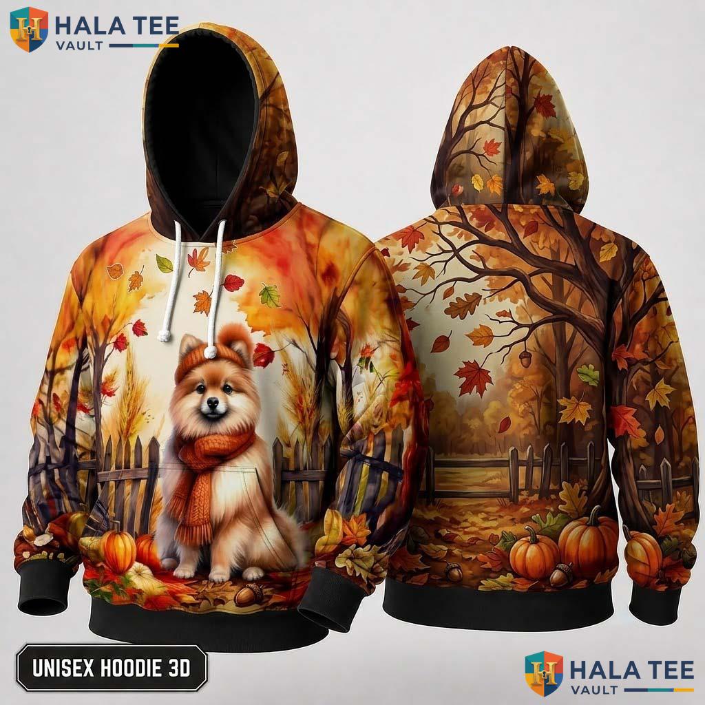 Pomeranian Scarf Autumn Thanksgiving 3D Hoodie Cheerful Dog Apparel