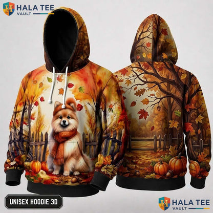 Pomeranian Scarf Autumn Thanksgiving 3D Hoodie Cheerful Dog Apparel