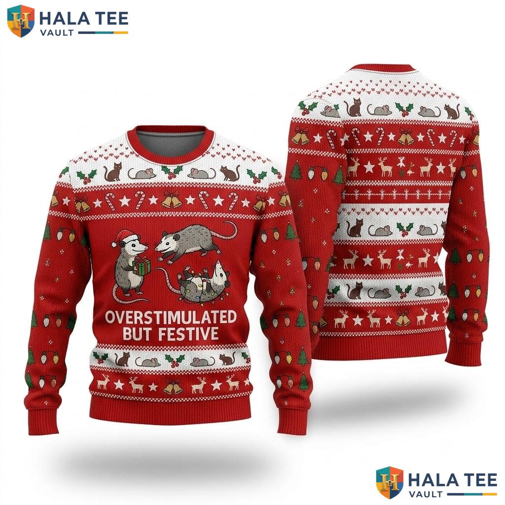 Possum Overstimulated Ugly Sweater Funny Festive Christmas Graphic Top